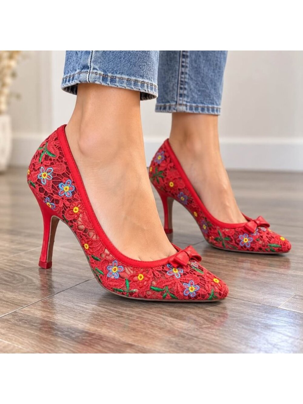 Miss L-Fire Red Floral Embroidered Lace Bow Pumps Heels Size 37